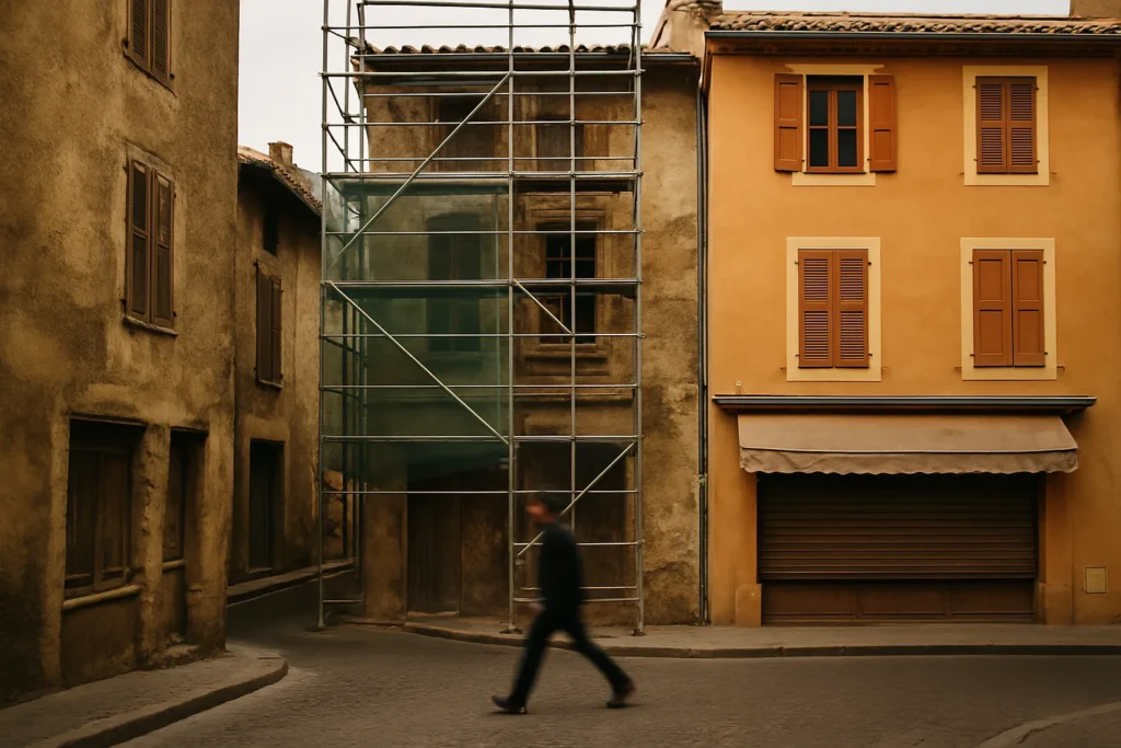 Façades en rénovation dans un centre-ville Action Cœur de Ville 3, éligible au Denormandie